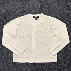 DKNY Cardigan Sweater Womens Medium Ivory Off‎ White Lace Front Crop Snap Size M